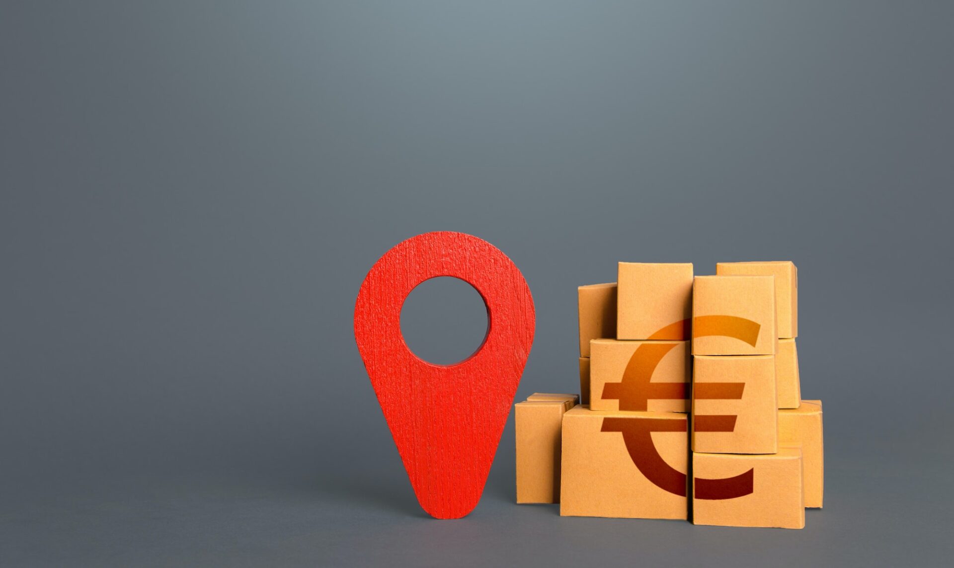 Cardboard boxes with euro and tracking symbol. Red pin geolocation.