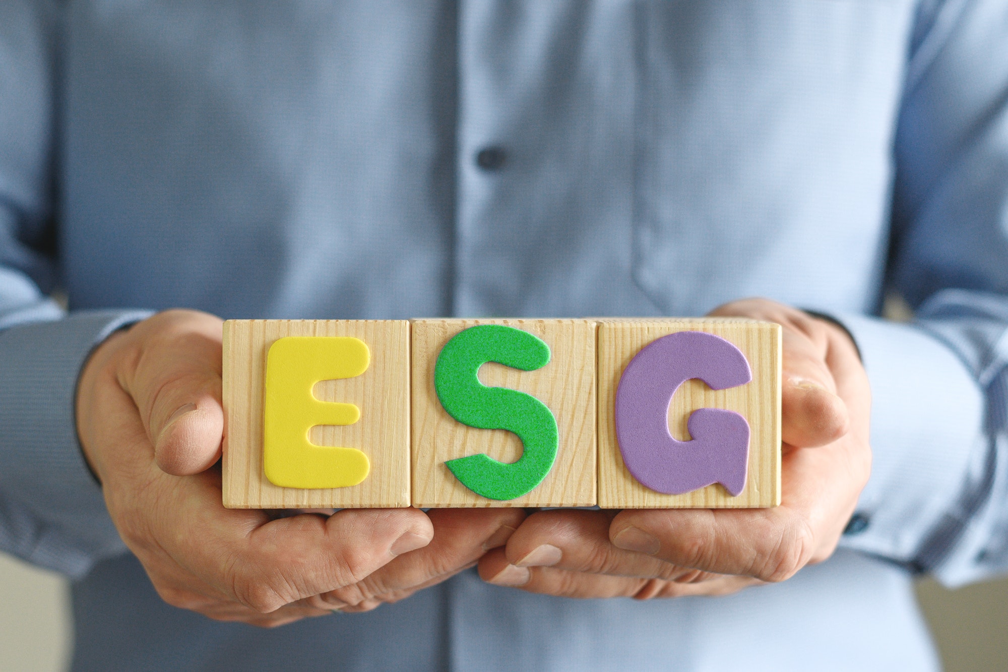Wooden blocks with abbreviation ESG in hands.