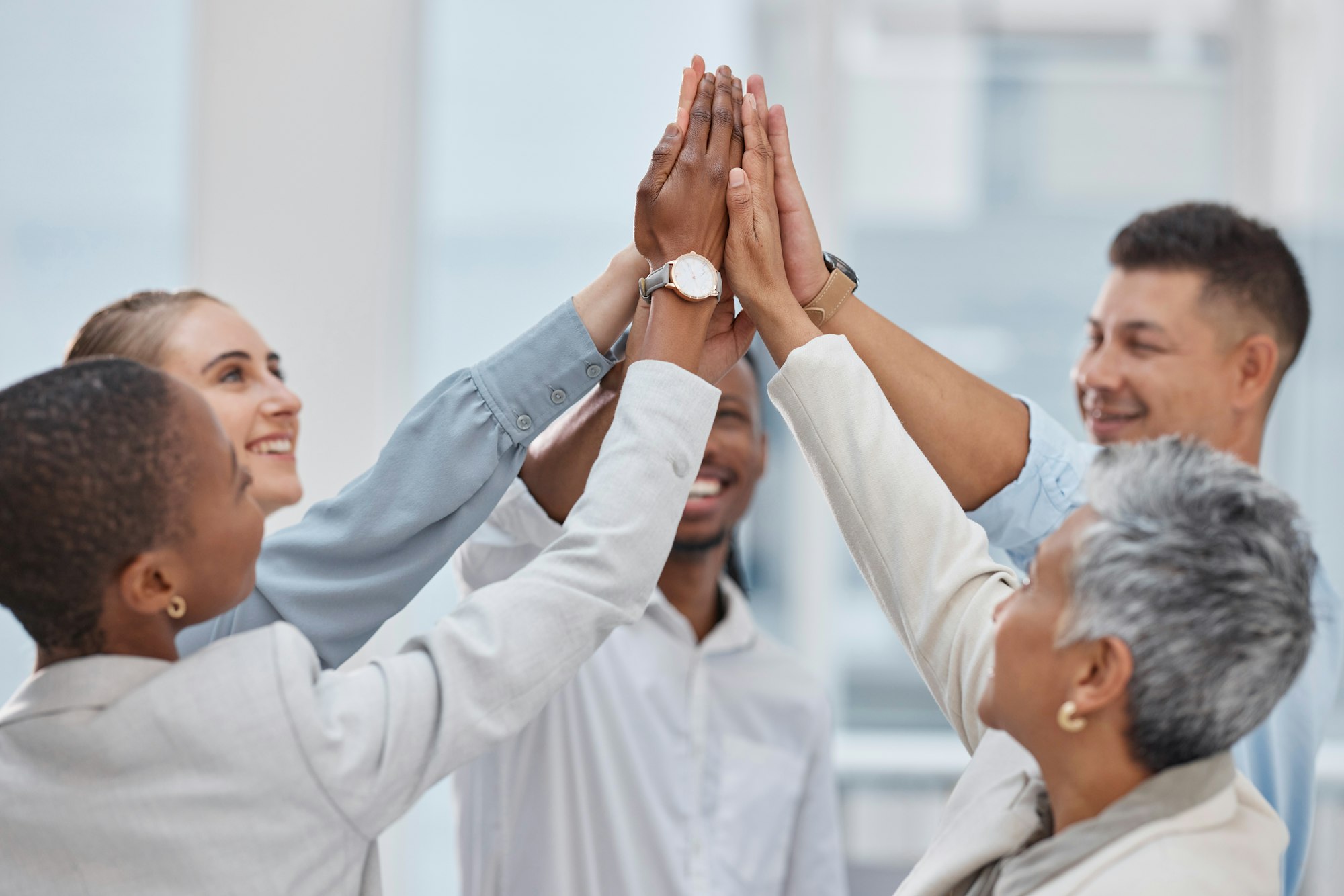 High five, group circle or business people celebrate collaboration, synergy or corporate deal, succ